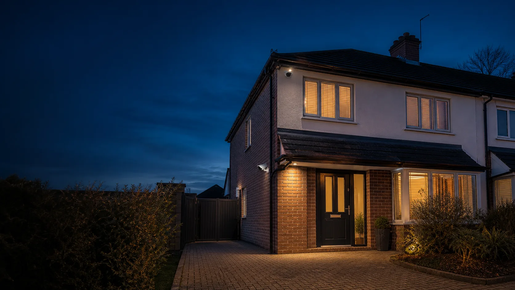 British home at dusk with discreet professionally mounted CCTV cameras