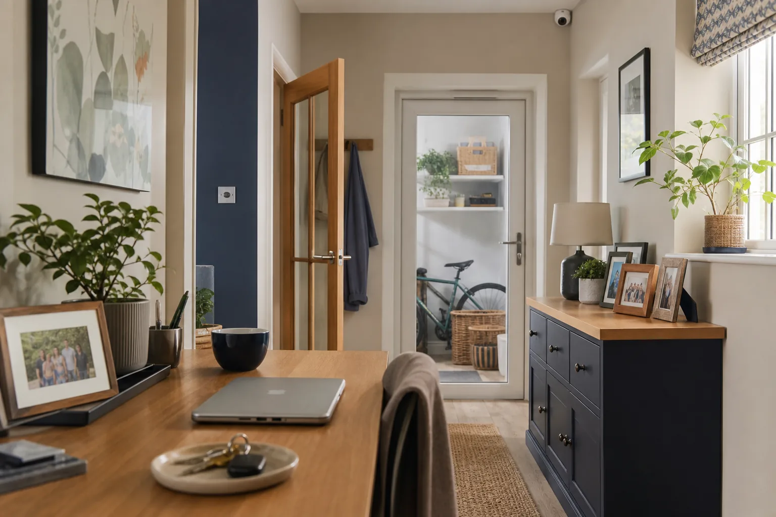 Tidy British home office with laptop, keys, family photographs, bicycle and a discreet indoor security camera
