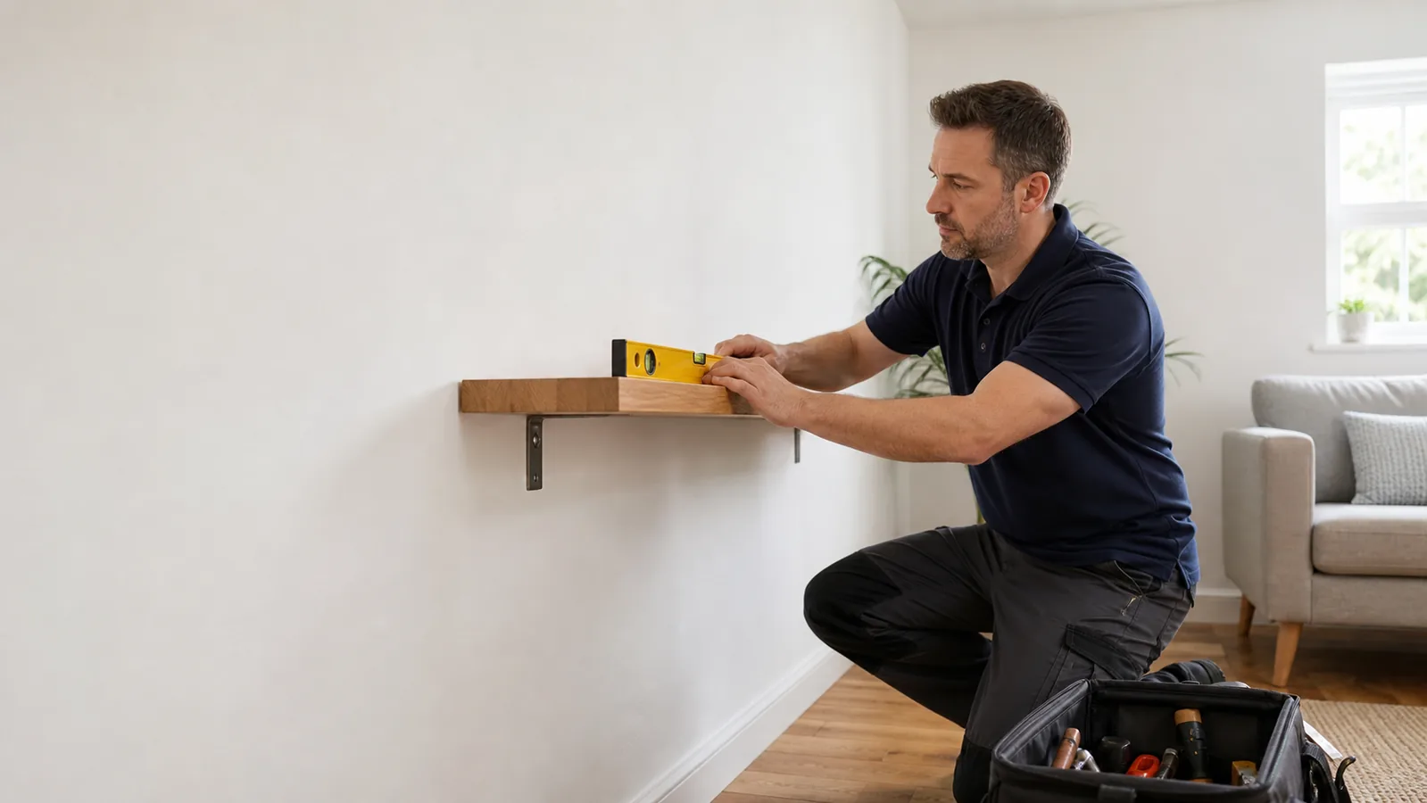 Handyman checking a newly fitted shelf in a bright British home