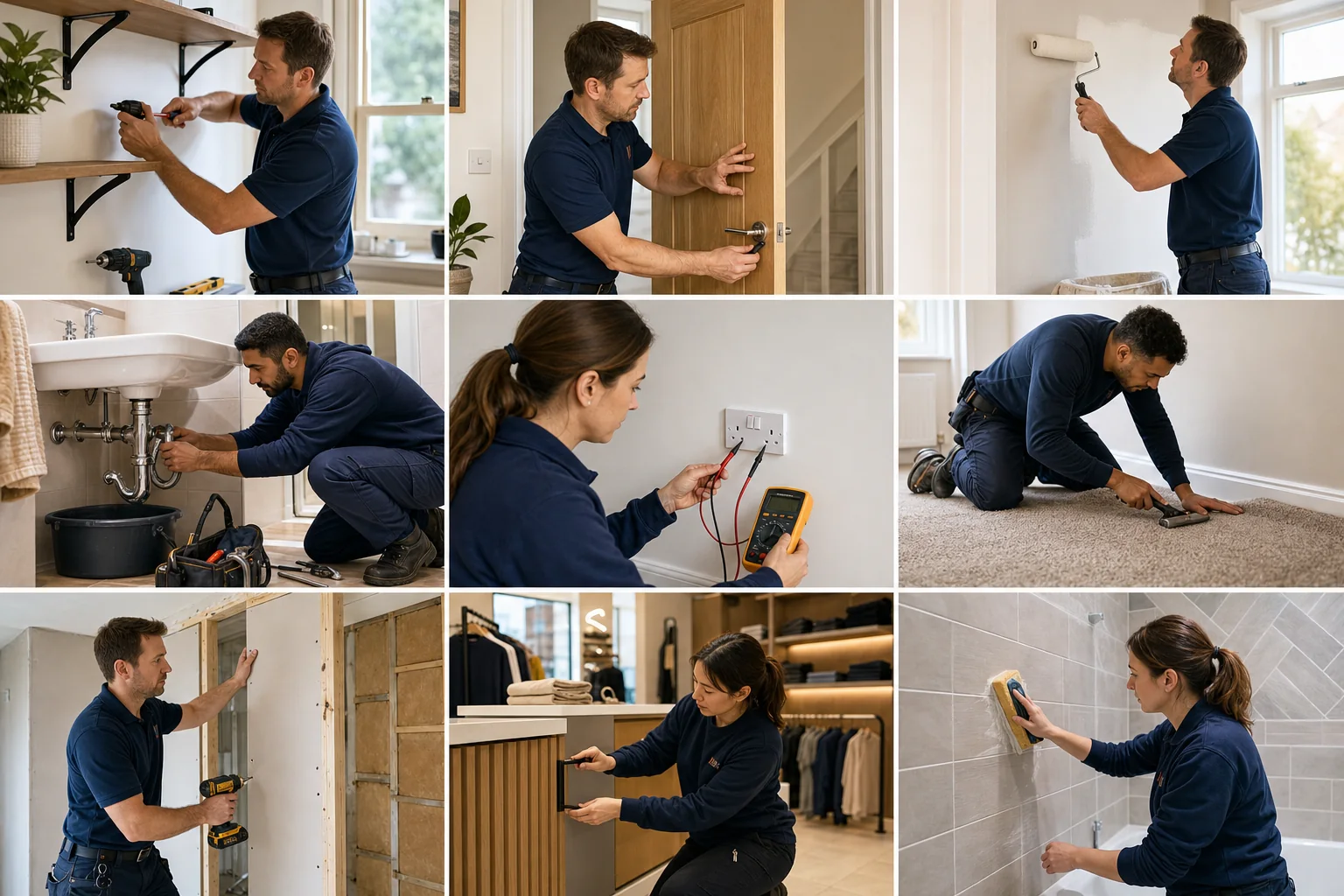 Prime Property Care team carrying out handyman work, joinery, decorating, plumbing, electrical testing, carpet fitting, internal building work, shop fitting and tiling